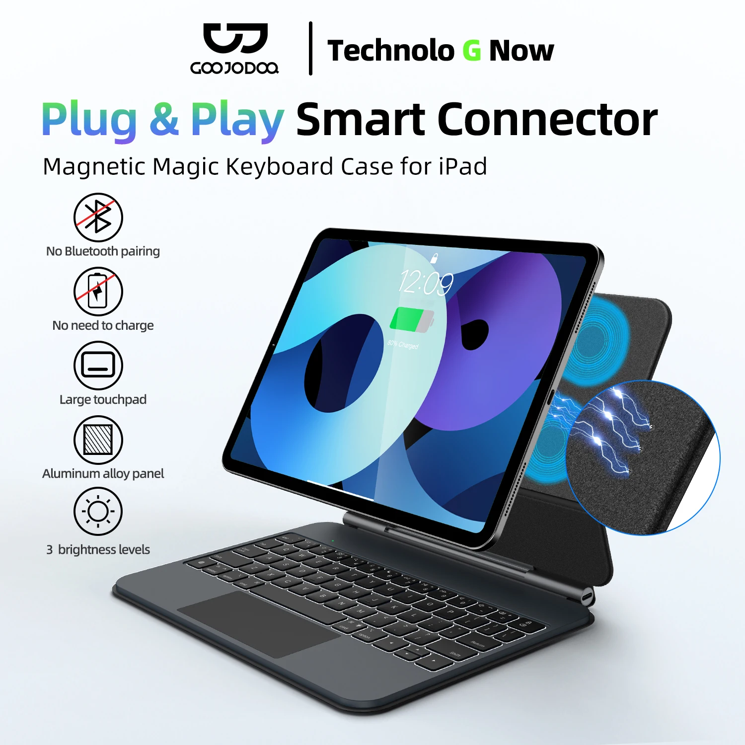 GOOJODOQ Smart Plug & Play чехол с волшебной клавиатурой для iPad Pro 11 2024 M4, iPad Air 4/5/6, мультисенсорная сенсорная панель, умная обратная зарядка