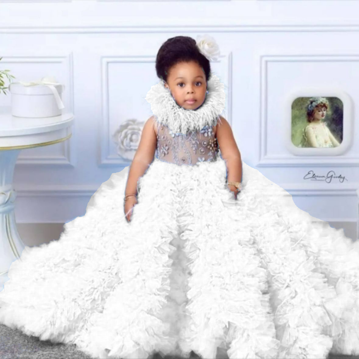 Blumenmädchenkleid, blau, bauschig, ärmellos, Fransen, Perlen, Hochzeit, elegantes Blumenkind, erstes eucharistisches Geburtstagsparty-Kleid