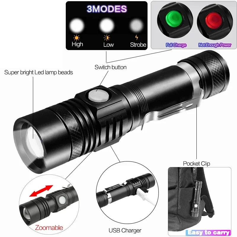 Linterna portátil de aleación de aluminio, potente linterna LED recargable por USB, Zoom táctico para exteriores, luz de Flash impermeable para acampar