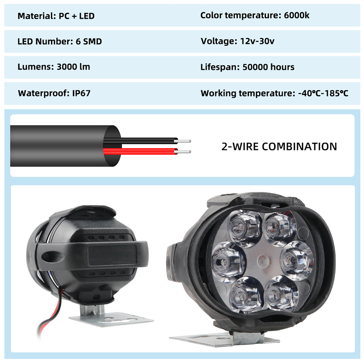 2PCS 6 LED 오토바이 헤드 라이트 밝기 보조 스포트 라이트 스쿠터 방수 수정 전구 스쿠터 모터 전조등