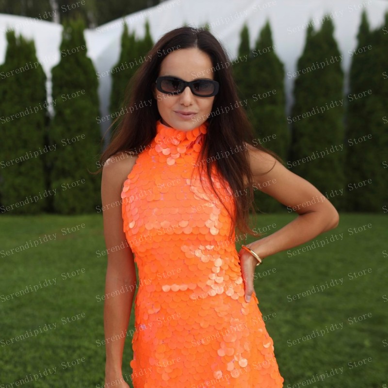 Serendipidty halter laranja lantejoulas vestido de festa mini comprimento bodycon vestidos com fenda aberta volta brilhante vestido de cocktail