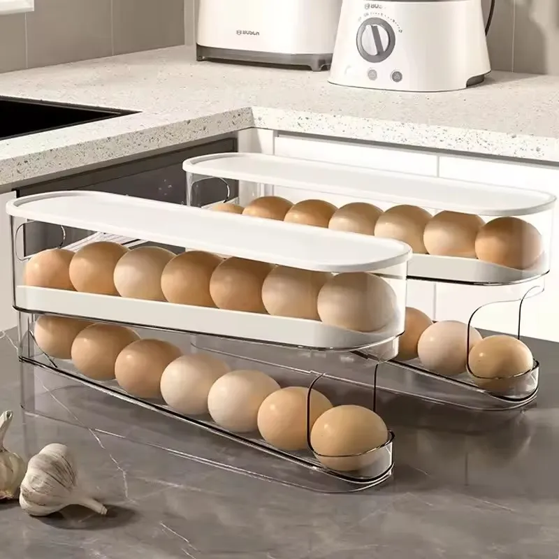 Double Automatic Slide Type Egg Carton Roller Refrigerator Side Door Kitchen Countertop Egg Storage Organizer Egg Holder