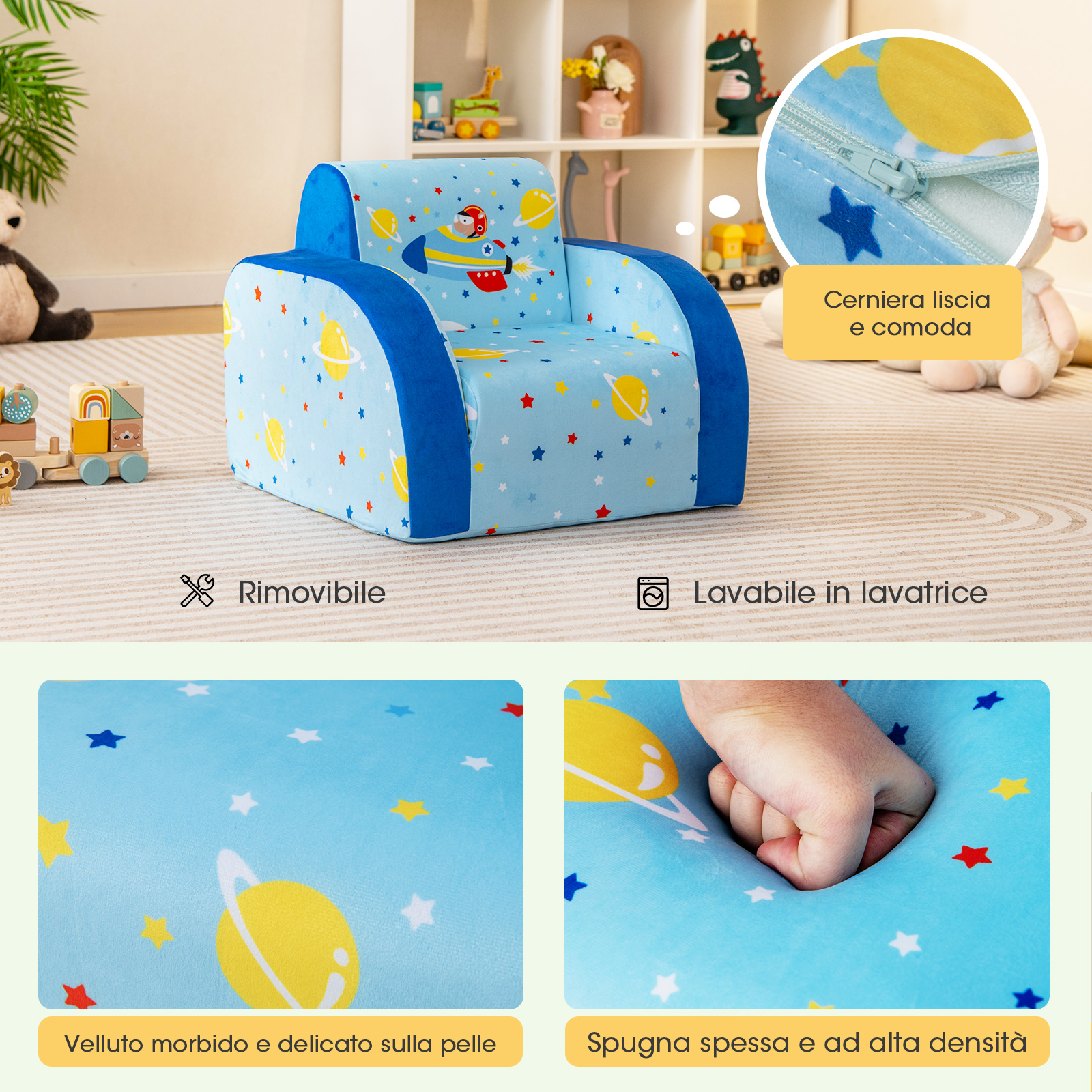 Sedia Divano Convertibile 3 in 1 per Bambini, Letto Divano Apribile per Bambini con Seduta Imbottita in Schiuma e Copertura Protettiva Rimovibile, per Bambini da 0-5 Anni