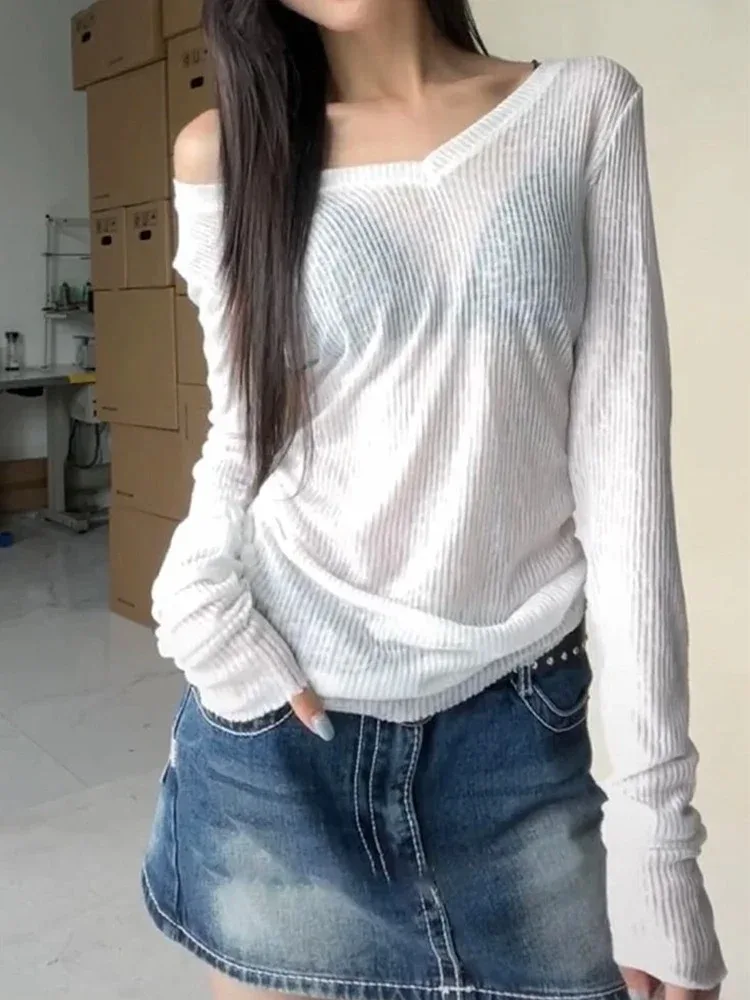 여성 긴팔 티셔츠 얇은 시스루 여름 솔리드 슬림 캐주얼 셔츠 여성 풀오버 베이직 티 Y2k 의류 스트릿웨어 탑