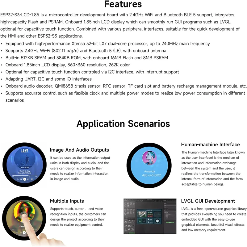 Waveshare ESP32-S3 Placa de desarrollo de pantalla LCD redonda IPS TFT de 1,85 pulgadas 360x360 compatible con WiFi Bluetooth para LVGL GUI/HMI/Arduino