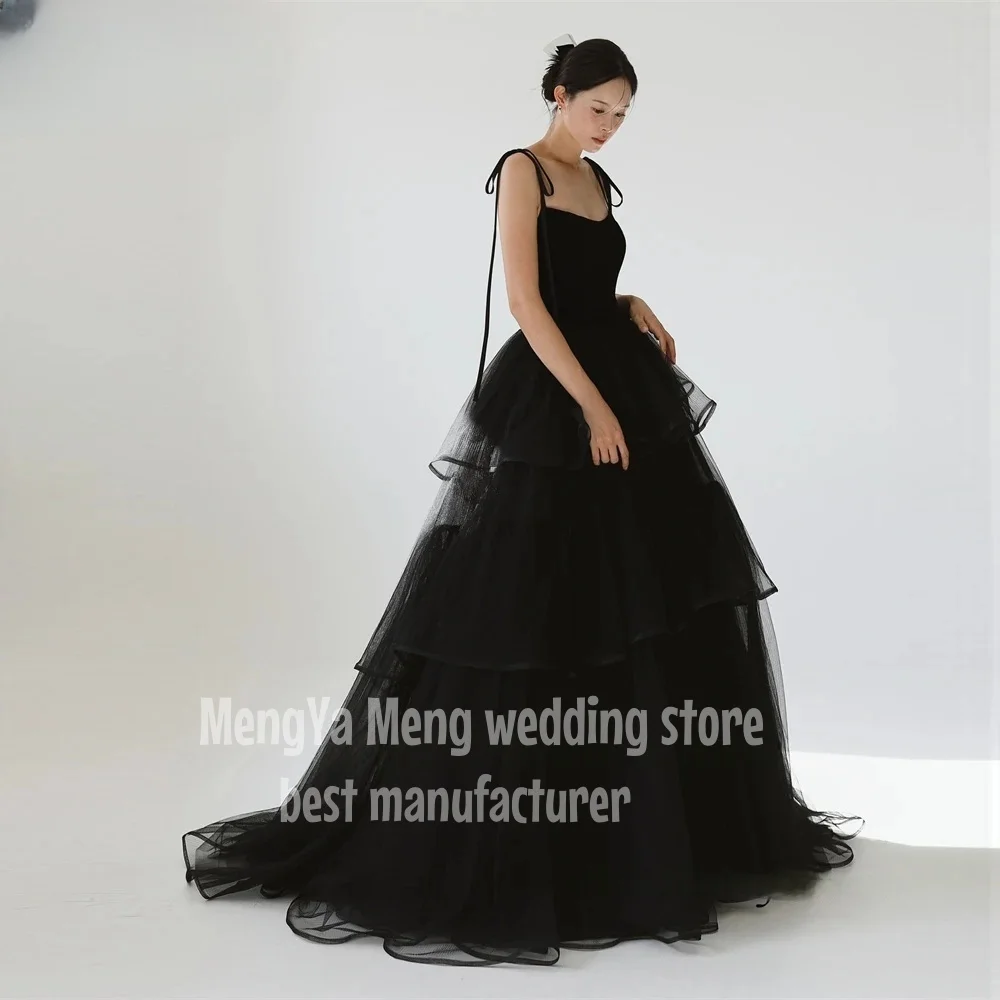 Tule em camadas vestidos de noite coreia preto festa de casamento em camadas sessão de fotos cintas de espaguete até o chão vestidos de noiva espartilho volta