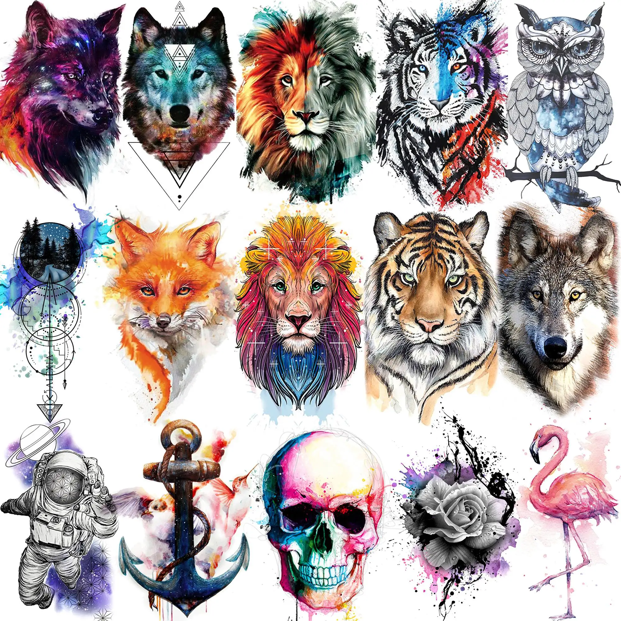 15 Blatt Aquarell Tiere temporäre Tattoos für Frauen Männer Erwachsene Arm Hals, 3D wasserdicht gefälschte Löwe Wolf Tiger Tattoo Aufkleber
