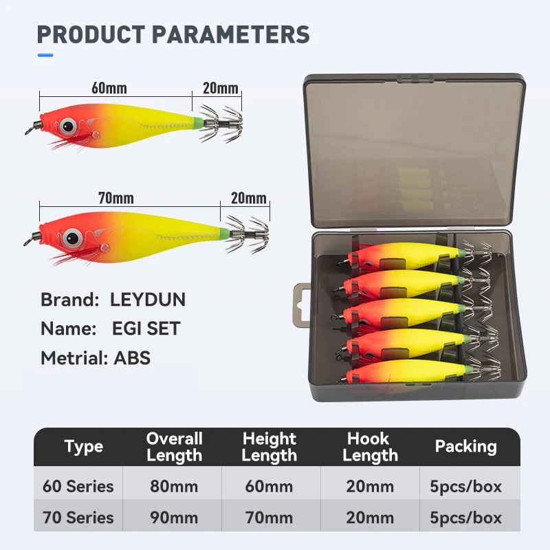 LEYDUN 빛나는 수평 오징어 지그 나무 새우 오징어 후크 5pcs 낚시 미끼 문어 오징어 새우 바닷물 미끼