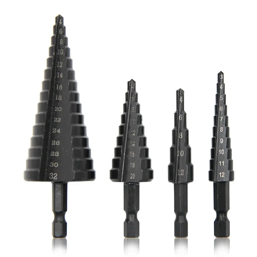 Set di 3 punte da trapano per scaletta con scanalatura diritta con codolo esagonale nero, alesatura e apertura dei fori, set di strumenti per trapano a pagoda annerita
