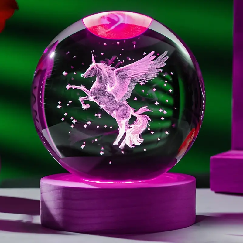 1 boule de cristal sculptée au laser licorne 3D avec support de lampe LED coloré en bois, décoration de la maison, petite amie, collègue, naissance de femme