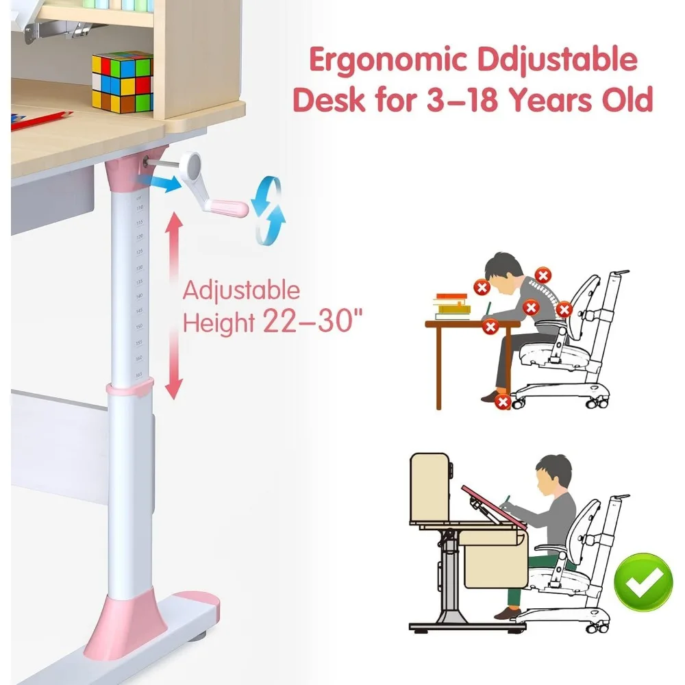 Wood Adjustable Height Kids Study Desk with Chair, Reading Homework Drawing Table Computer Station Built-in Bookshelf Hutch