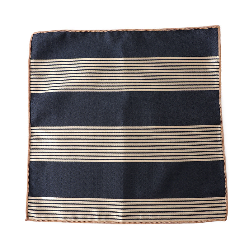 男性用韓国ジャカードポリエステルポケットスクエア、ネイビーブラウンストライプハンカチ、ハンキースーツタオル、ビジネスフォーマルクラバット、23cm