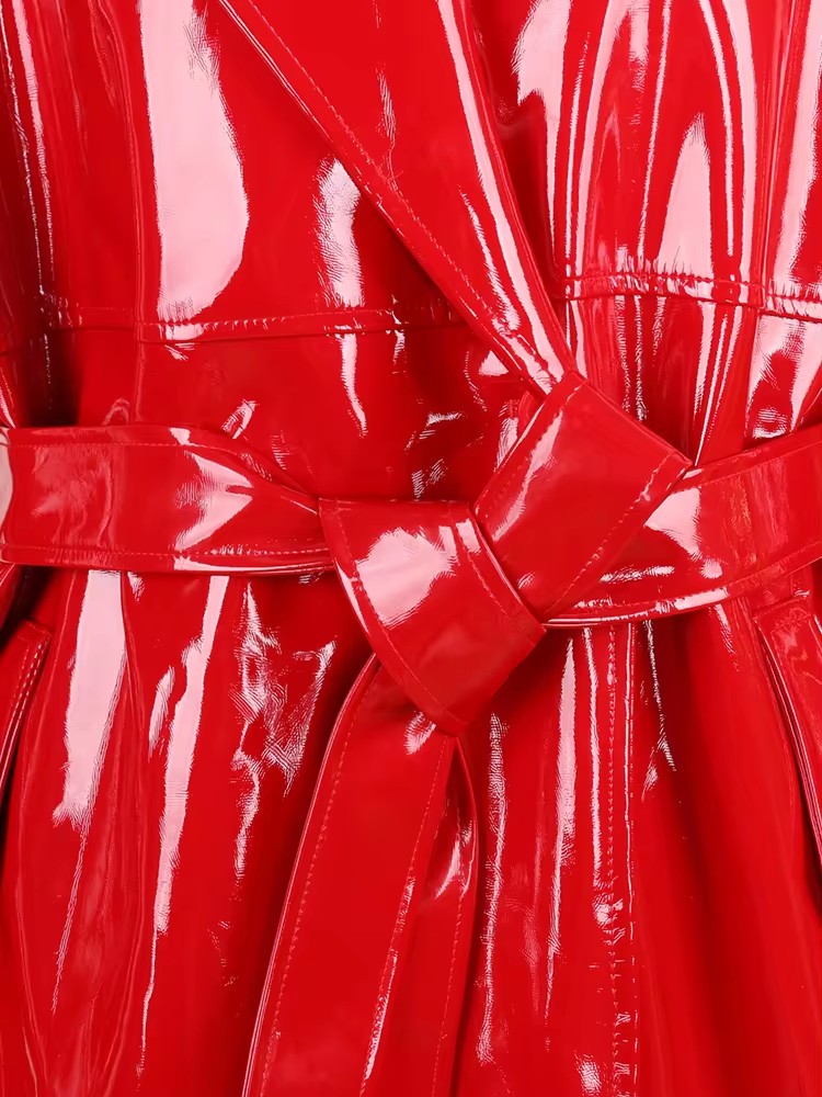 Mauroicardi Frühling Herbst Lange Wasserdichte Glänzende Reflektierende Schwarz Patent Leder Kokon Mantel Frauen Schärpen Luxus Designer Kleidung