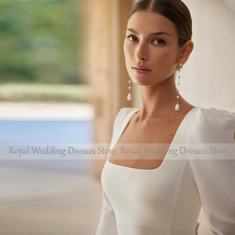 Elegante Brautkleider mit quadratischem Kragen für Frauen mit abnehmbarer Schleppe, Meerjungfrau-Hochzeitskleider, langes, einfaches Brautkleid