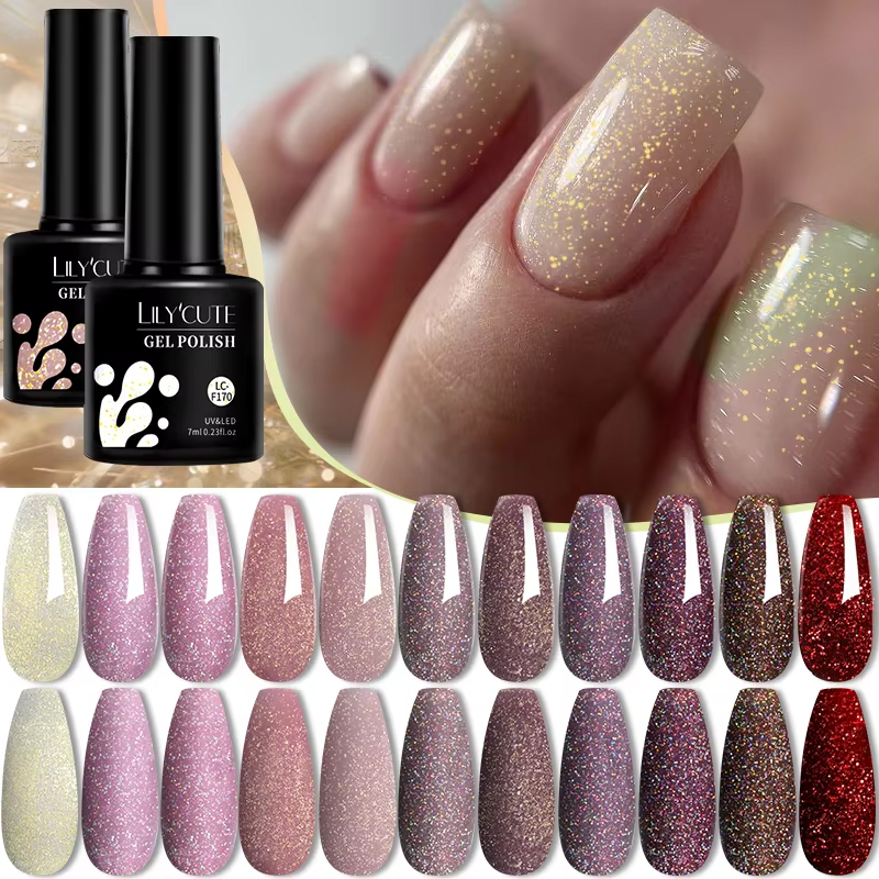 LILYCUTE-esmalte de uñas de Gel con purpurina Aurora dorada, Color desnudo de primavera, francés de larga duración para manicura, barniz de Gel UV para decoración de uñas