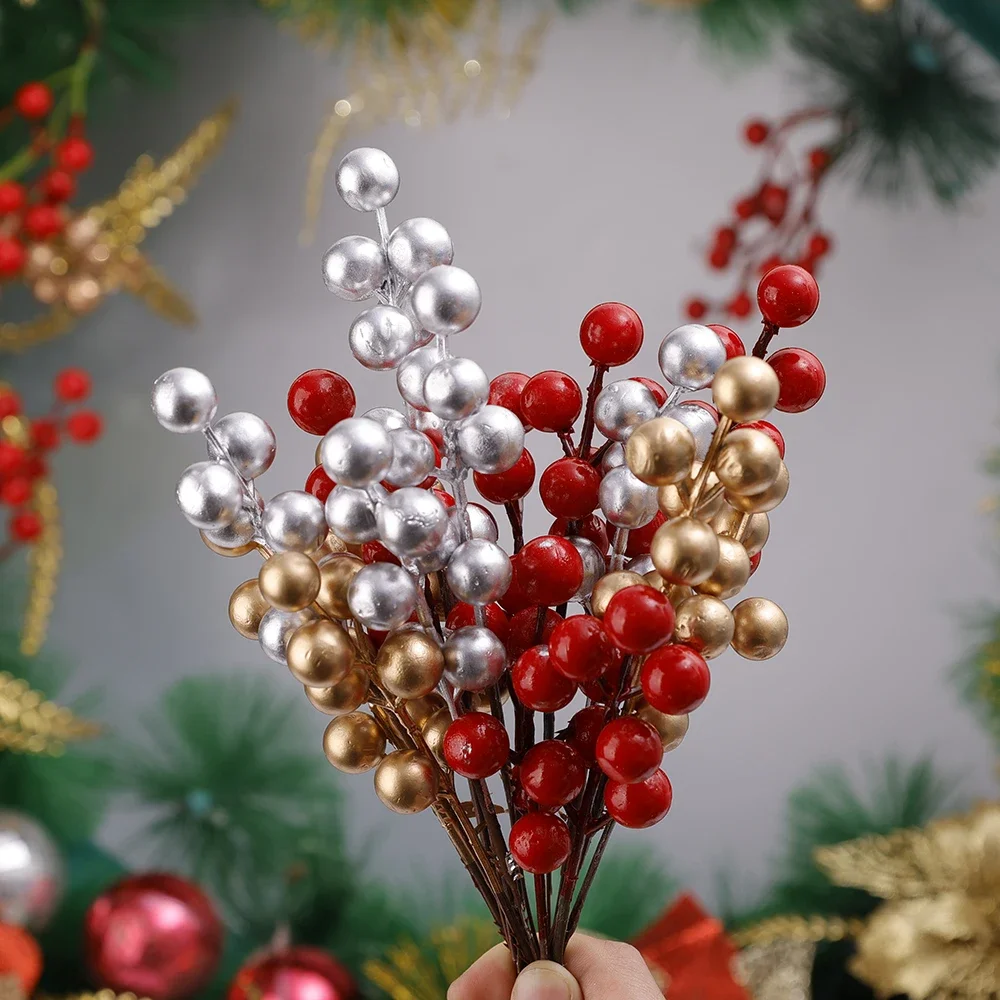 Künstliche Beeren Rot Gold Silber Gefälschte Beeren Zweig Kirsche Staubblatt Weihnachten DIY Blumenkranz Ornament Neujahr Party Dekor