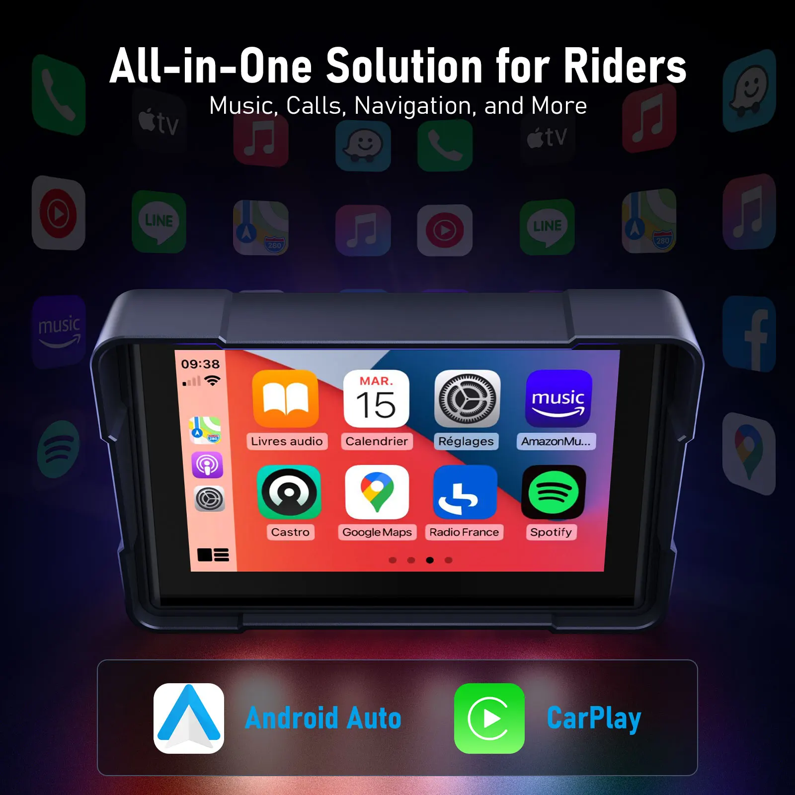 Lemorele Tela GPS para motocicleta de 5 polegadas com DVR opcional, CarPlay sem fio e Android Auto, display de navegação portátil