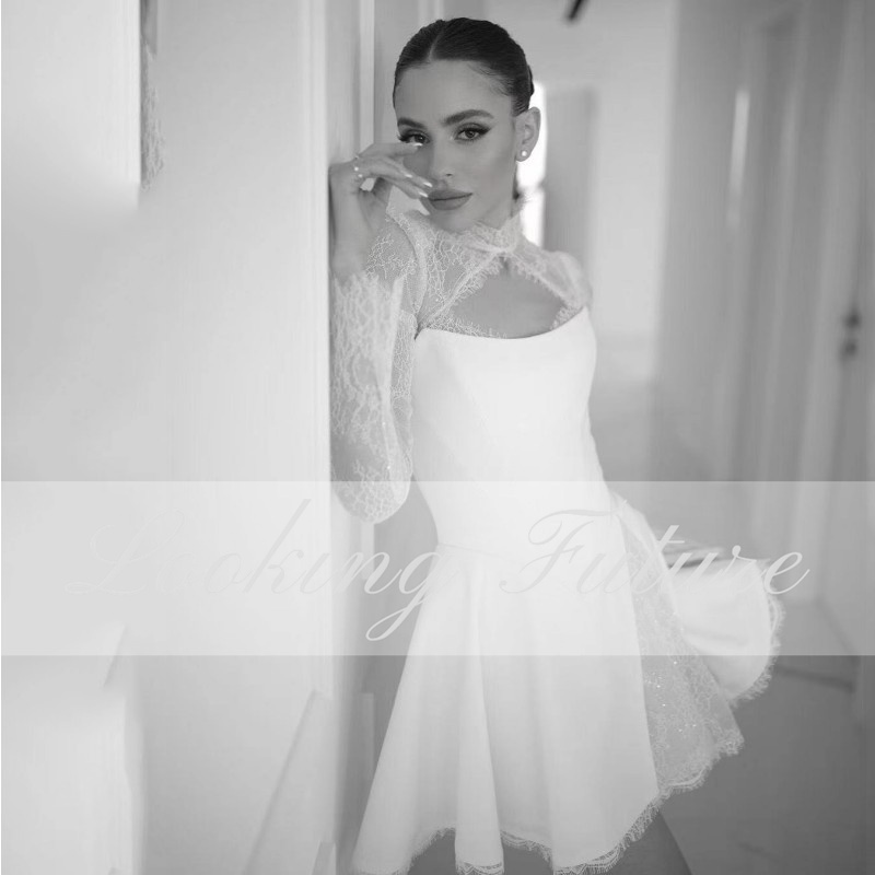 Customized Elegant Lace Short Wedding Dresses Strapless Full Sleeve Mini Bride Dresses Anove Knee 2026 Sexy Tassel Wedding Gowns