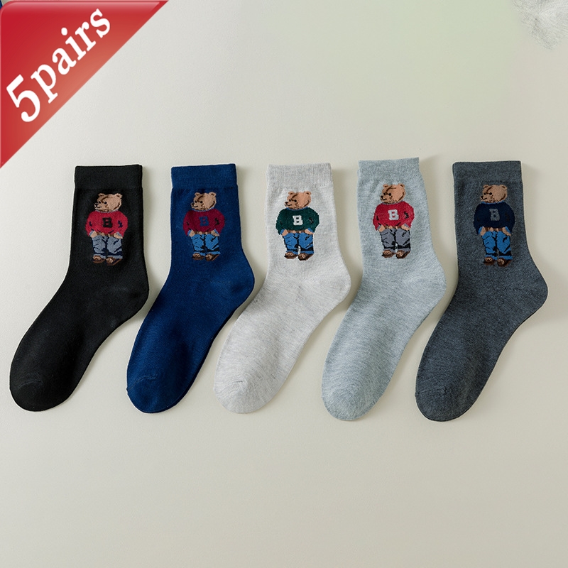 5 pares de calcetines de Otoño Invierno para hombre, calcetines de tubo medio con dibujos de oso grande de Color sólido, calcetines de moda transpirables absorbentes simples al por mayor