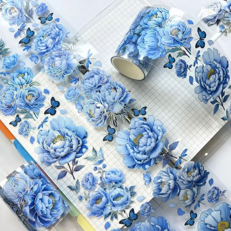 3m/rollo de cinta láser de flor roja y azul para mascotas, cinta adhesiva decorativa, pegatina para álbum de recortes, diario, papelería estética