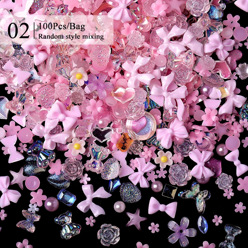 100 Uds. De abalorios para uñas de resina 3D, color rosa y morado, flores, corazón, oso, decoración artística de uñas mixta, cinta rosa Kawaii, lazo, pieza para uñas DIY