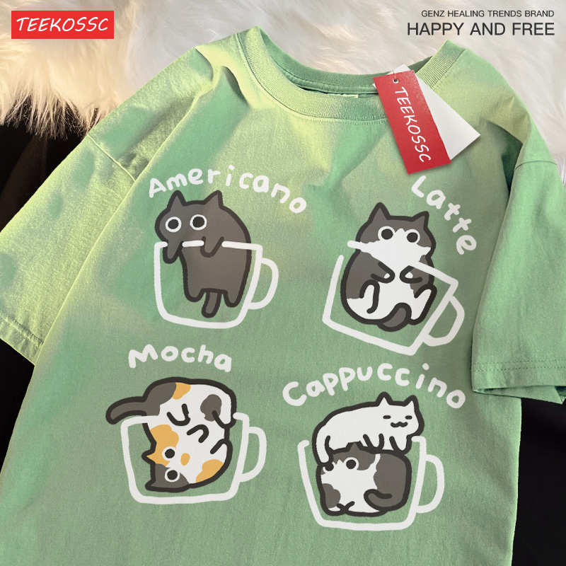 แมวกาแฟผ้าฝ้ายอินเทรนด์ฤดูร้อนหลวมแขนสั้นเสื้อยืดผู้ชายผู้หญิง Original Mocha Latte แมวสามดอกไม้สนุก Cat Tees