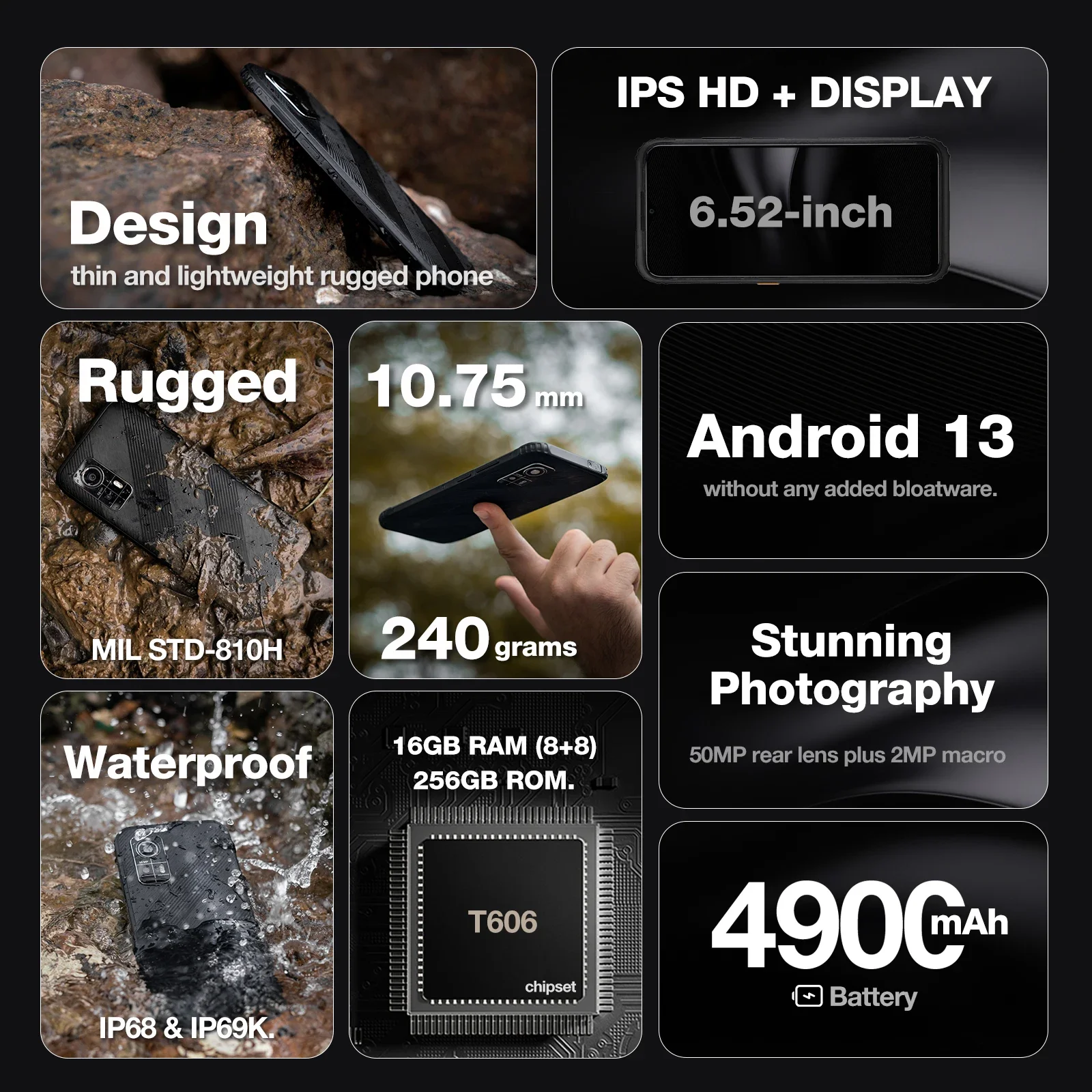 AGM H6 Smartphone resistente Cámara de 50 MP, 8 GB + 256 GB, 90 Hz 6,56' FHD + Pantalla Resistente al agua/a prueba de polvo/a prueba de golpes - Batería de resistencia
