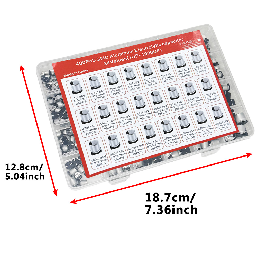 Ассортиментный комплект алюминиевых электролитических конденсаторов SMD, 400 шт., 24 значения SMD, 1 мкФ ~ 1000 мкФ 6,3 В-50 В, 24 значения с коробкой
