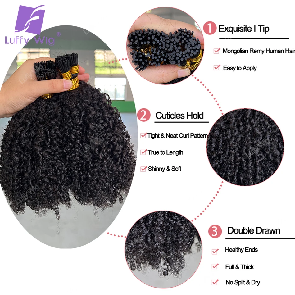 Duplo desenhado eu ponta extensões de cabelo real itip cabelo humano cru remy mongol 3c 4a afro kinky encaracolado fusão feixes de cabelo luffy