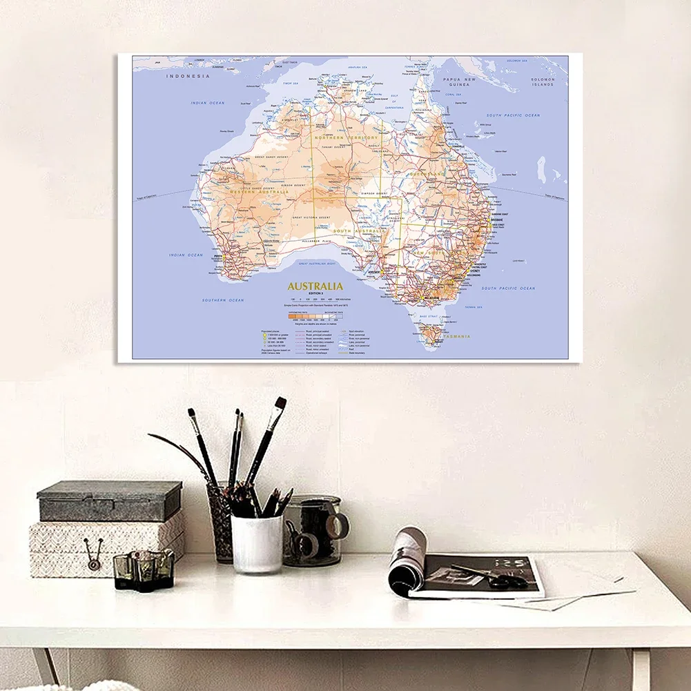 Mapa de ruta de terreno y tráfico de Australia, 150x100cm en inglés, decoración de pared, póster, lienzo no tejido, pintura, suministros escolares