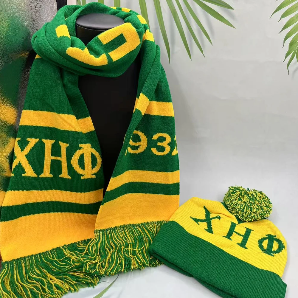 Chi Eta Phi Conjunto de gorro y bufanda verde y amarillo de invierno tejido de lana para mujer Regalo para mujer 1932
