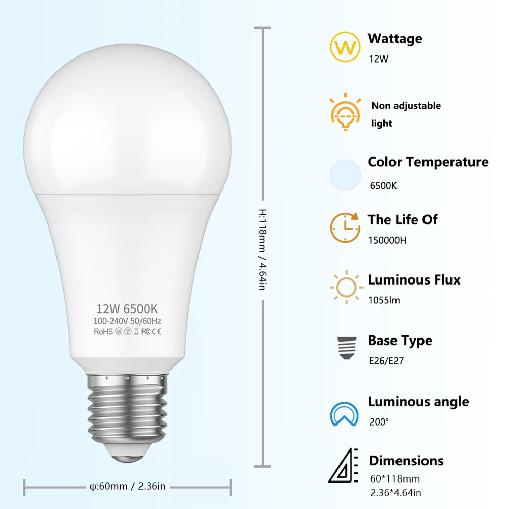 หลอดไฟ LED A19ฐาน E27/E26 6500K ไฟบ้านประหยัดพลังงานปกป้องดวงตาหลอดไฟสำหรับห้องนอนห้องนั่งเล่นบ้าน