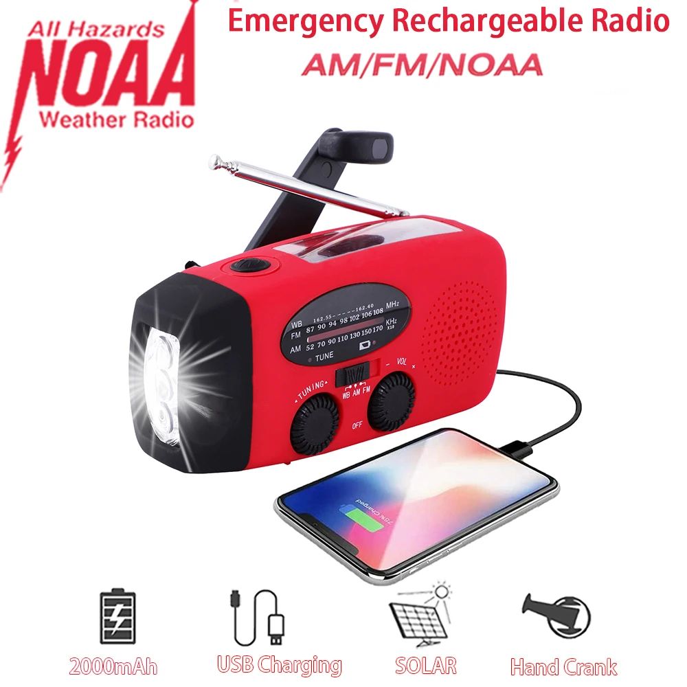 Luz de emergencia recargable solar de radio recargable de alta capacidad de 2000mAh linterna para acampar al aire libre luz portátil impermeable