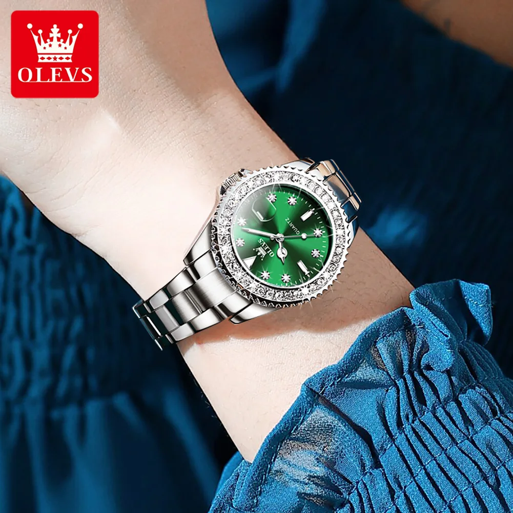 OLEVS Original reloj de cuarzo con esfera de diamante para mujer, relojes de moda para mujer, reloj de pulsera luminoso resistente al agua de acero inoxidable para mujer