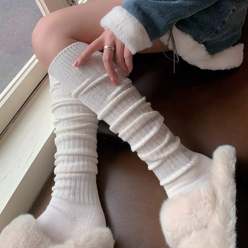 Calcetines largos de Cachemira para mujer, bota de lana Lisa hasta el muslo, medias ajustadas informales de algodón por encima de la rodilla, calcetines largos esponjosos hasta la rodilla para mujer