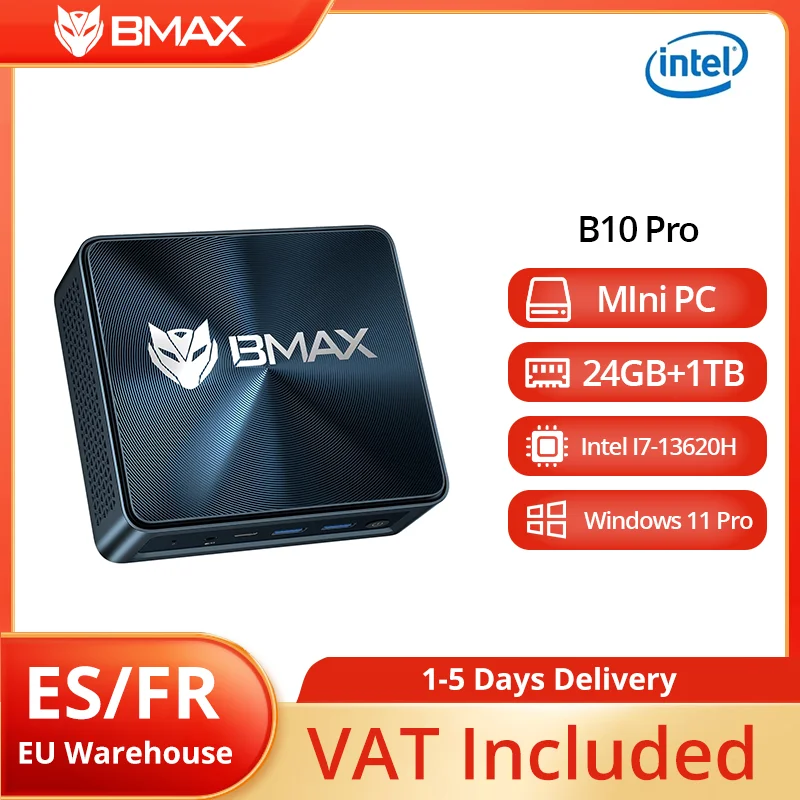 BMAX B10 Pro Mini PC Intel 13e generatie i7-13620H 10 cores Max. 4,9 GHz 24 GB LPDDR5 RAM 1 TB SSD WiFi 6 Bluetooth 5.2