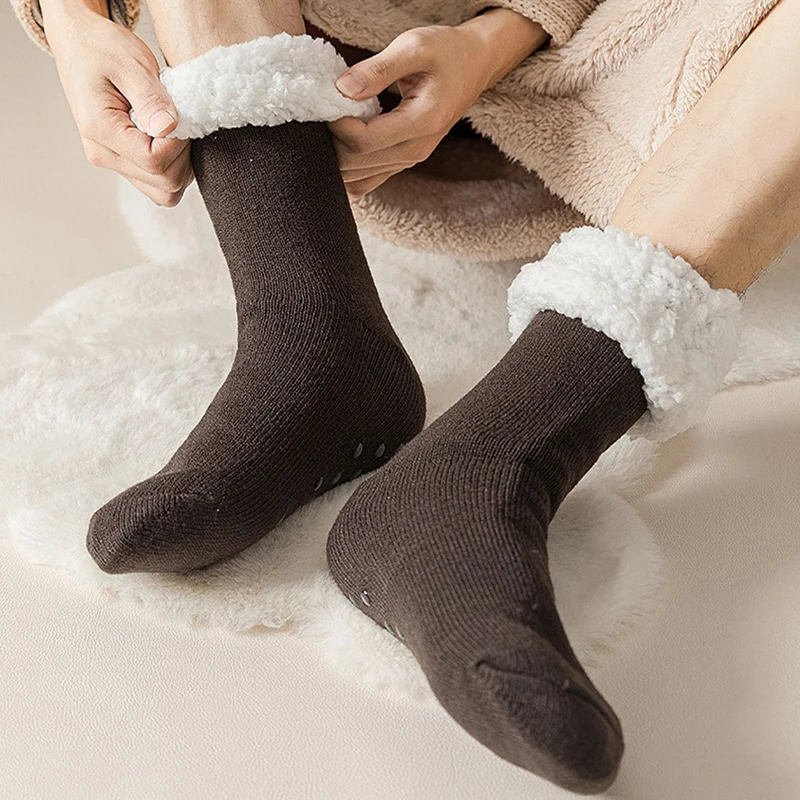 Winter Christmas Plush Lined Slipper Men Socks Comfy Warm Mid Tube Sock Warm Thickened Home Sleeping Soft Non Slip Floor Sox
