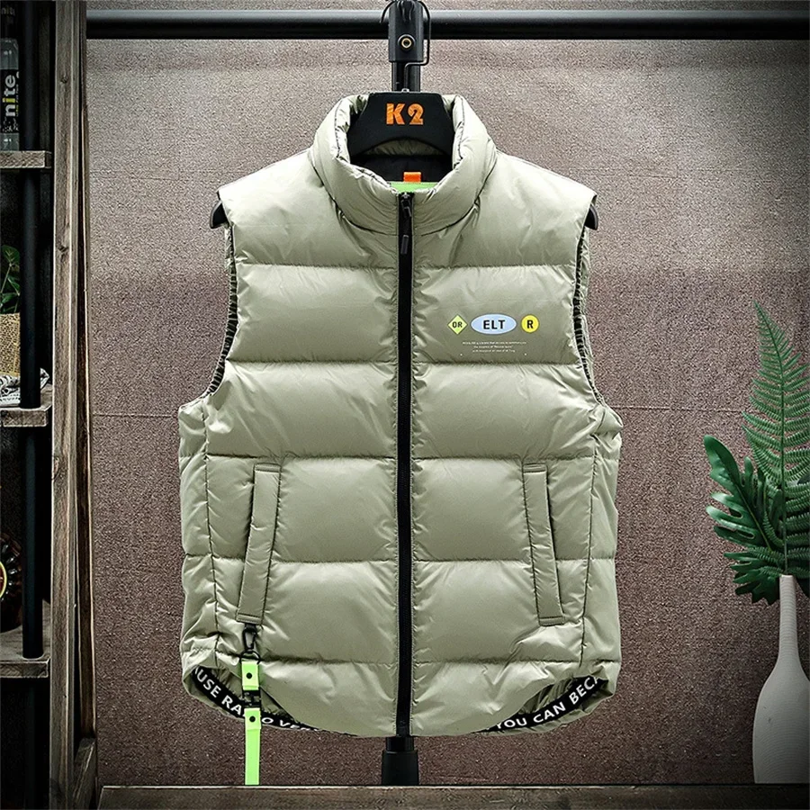 2024ชายลงเสื้อกั๊กฤดูหนาวเป็ดสีขาวลงPuffyเบาะWaistcoatน้ําหนักเบาหนาเสื้อแขนกุดด้านนอกผู้ชายเสื้อผ้า