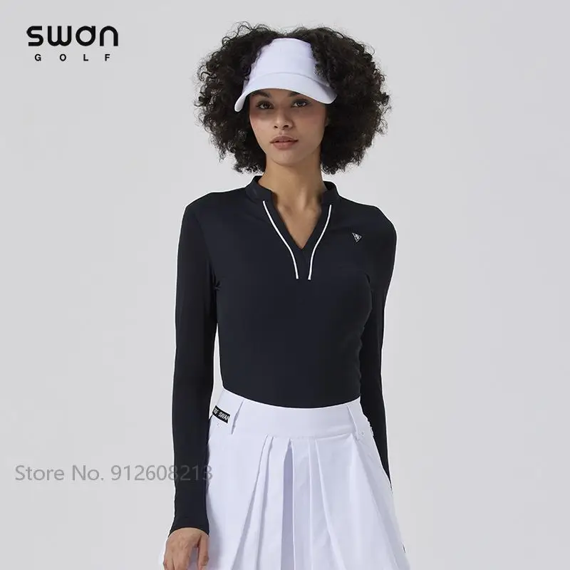 SG kaus Golf pendingin musim panas wanita, baju Golf lengan panjang Anti-uv, kaus kerah berdiri leher V untuk Olahraga