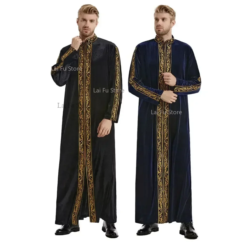 Nahost muslimische Gold Samt Stickerei Herren Robe arabisch islamisches Gebet Kleid National kostüm edle Luxus Langarm Top