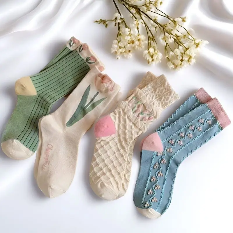 4 pares de calcetines florales conjunto de mujeres linda flor geométrica 3D texturizado tobillo Cottagecore calcetines de la suerte moda Casual Mid Cub calcetines