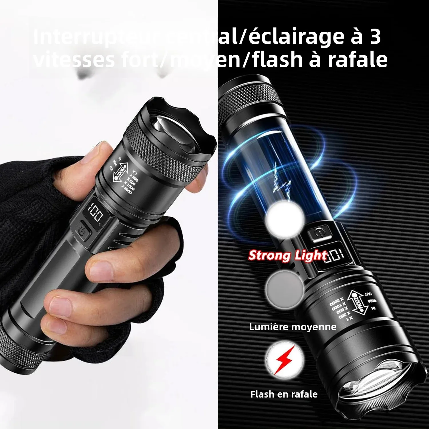 Lampe de poche tactique LED P50 Ultra lumineuse, 2000lm, projecteur d'urgence EDC, Zoom télescopique, torche portative avec batterie 14500/18650