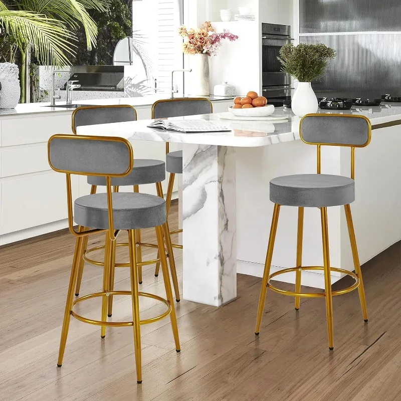 Velvet Bar Stools 26'' Counter Height Bar Stools Velvet Stools Modern Gold Barstools Upholstered Bar Height Stools, Set of 2