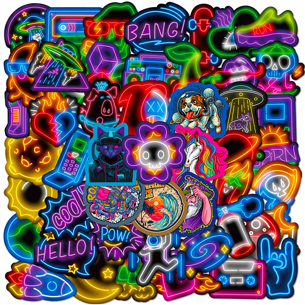 50 pçs estilo néon dos desenhos animados adesivos decalques estéticos legal graffiti telefone portátil bagagem decoração à prova dwaterproof água pacotes de adesivos