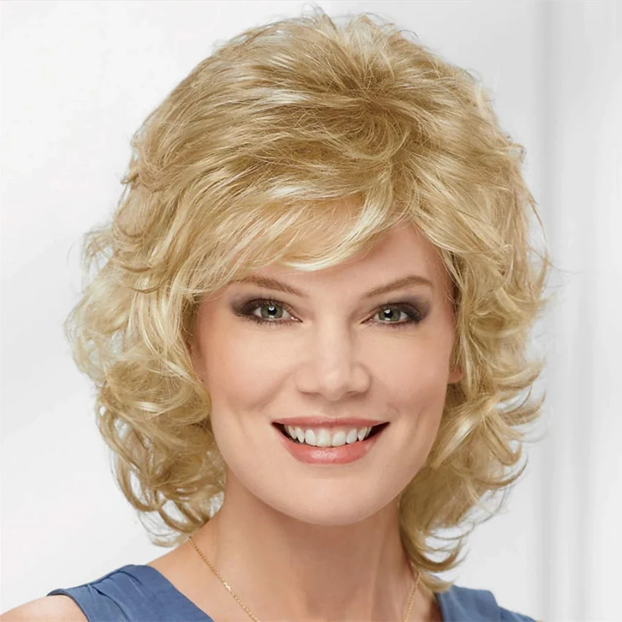 HAIRJOY Mulheres Perucas de Cabelo Sintético Curto Encaracolado com Franja Na Altura Do Ombro Loira Cinza Branco Marrom Peruca