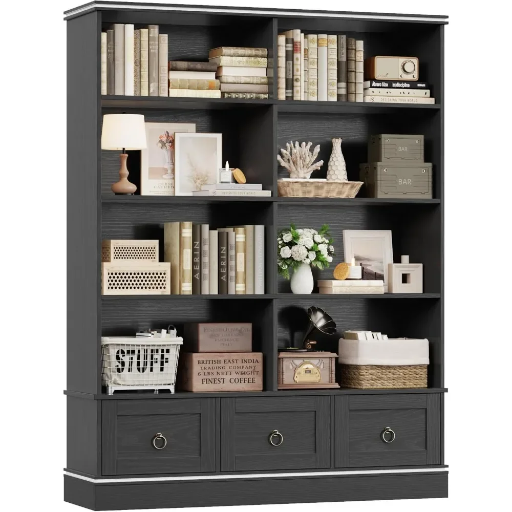 Farmhouse Bookshelf and Bookcase, 47" Wide Bookcase with Drawers, 5 Tier Book Shelves with Storage, Large Display Shelve