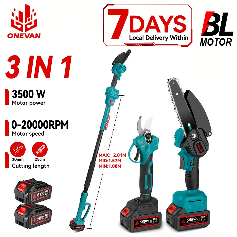 Onevan 3500w 2 em 1 sem escova, serra de alto ramo e tesouras de poda, ferramenta de jardim com poste telescópico para pino de bateria makita