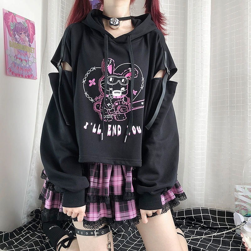 Primavera otoño nuevas sudaderas con capucha Punk gótico Patchwork ahueca hacia fuera Y2k ropa estampado de dibujos animados Casual suelta estilo Preppy sudaderas cortas