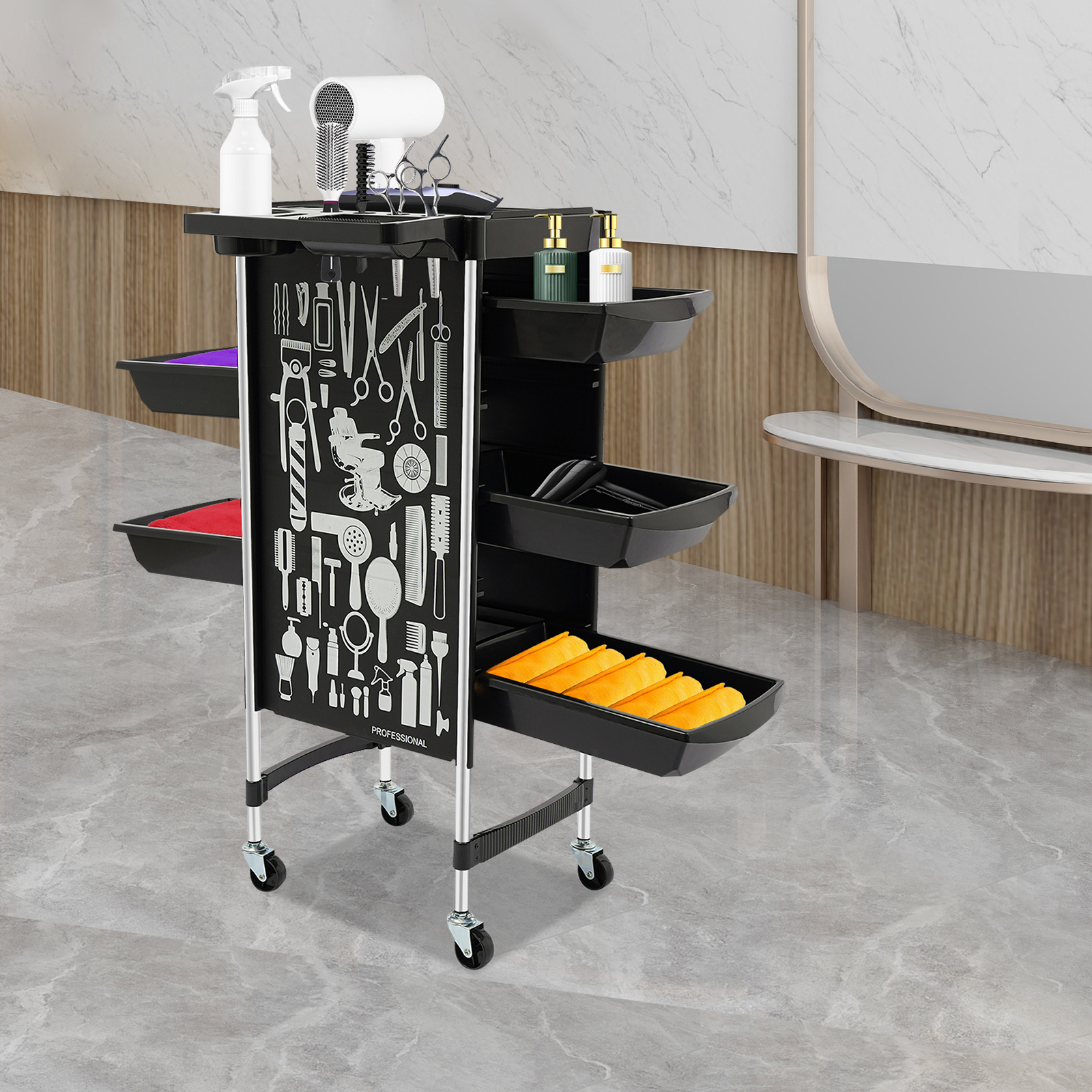 Carro de salón negro con 5 cajones, carrito de peluquería con 5 cajones extraíbles, carrito de peluquería para estilista para estudio de uñas