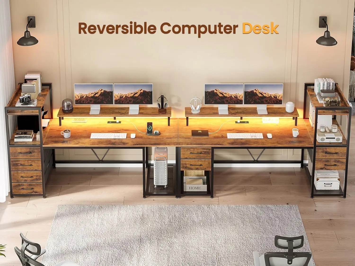 55" Computer Desk with 4 Drawers and Shelves, Gaming Desk with LED Lights & Power Outlets, Home Office Desk with Large Storage